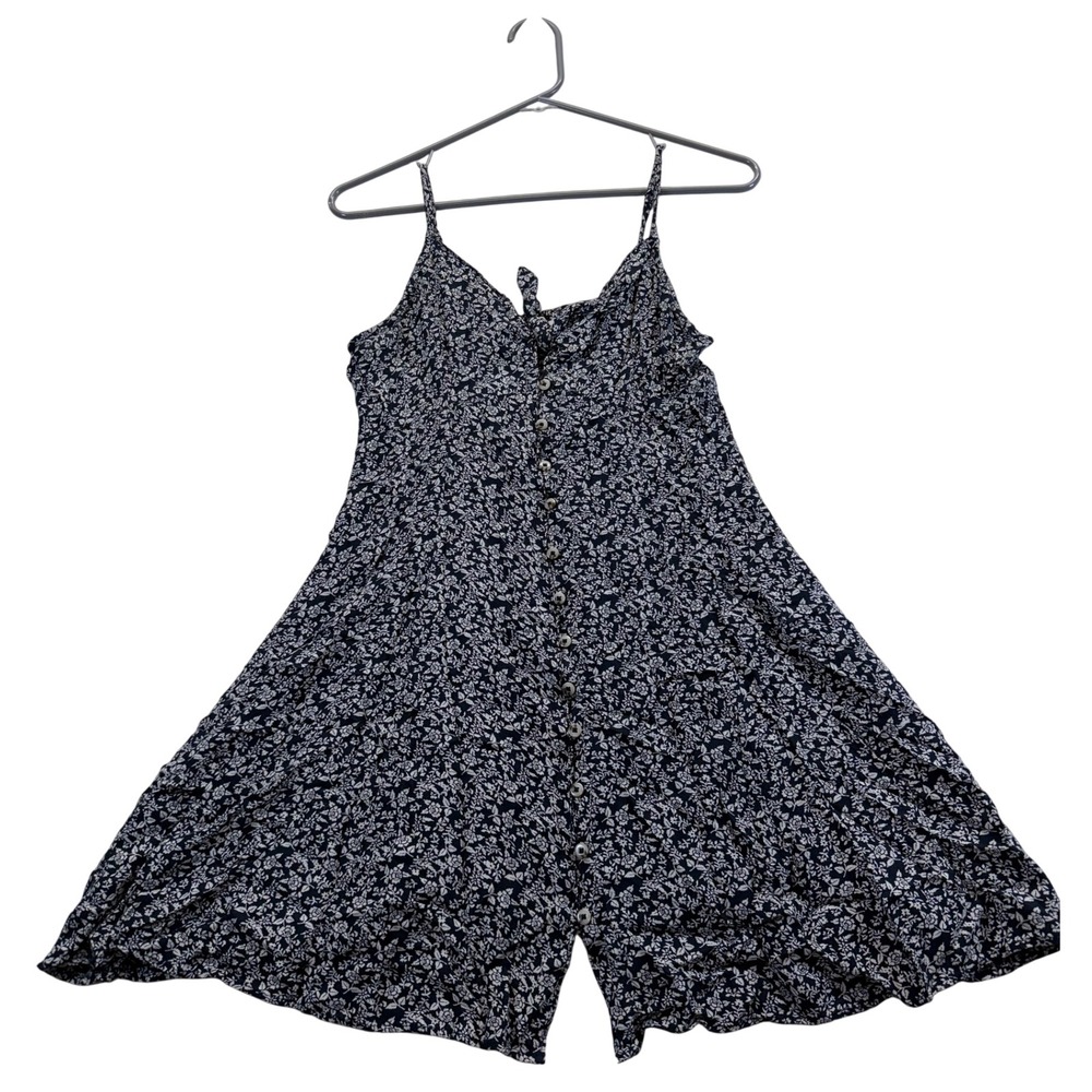 American Eagle Dress Womens Small Navy Floral Button Front Tie Neck Mini Viscose